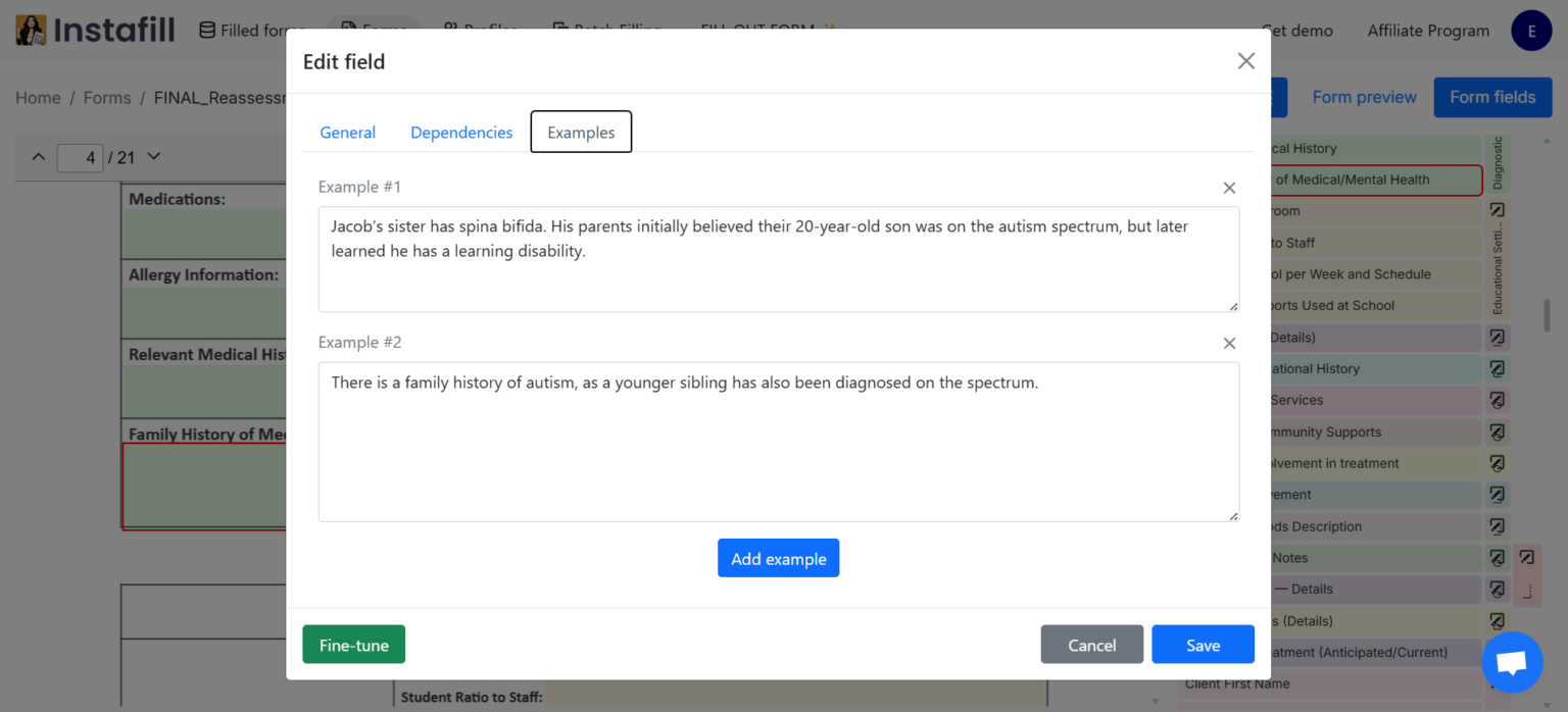 Examples tab in the field editor