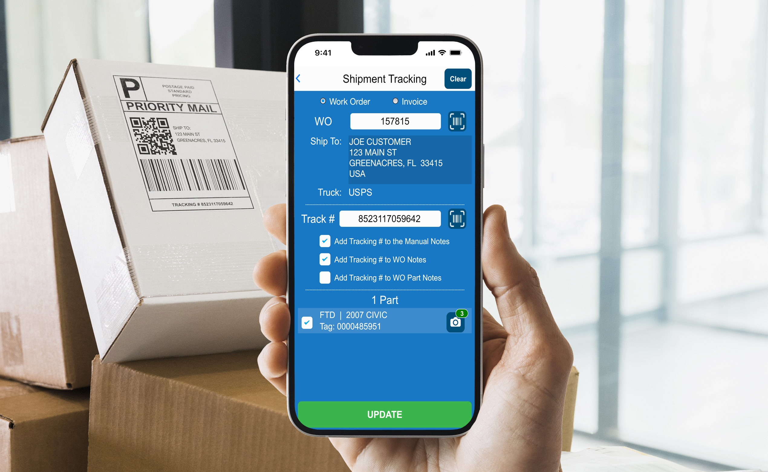 Ordermate's Shipment Tracking tool on a mobile phone