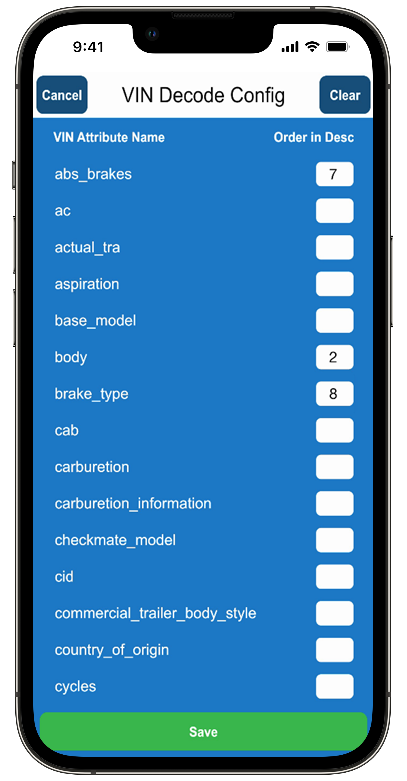 VIN Decode Config screen in Photomate