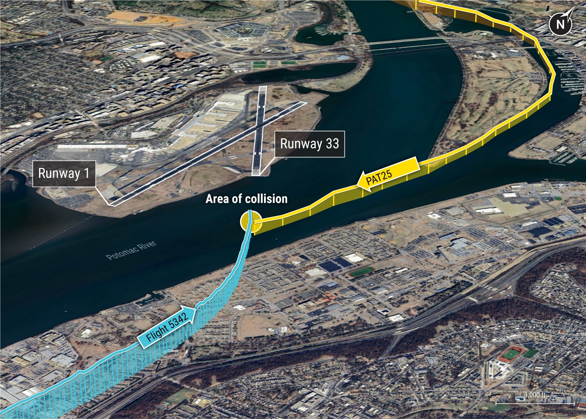 NTSB graphic showing flight path of PSA Airlines flight 5342 and PAT25