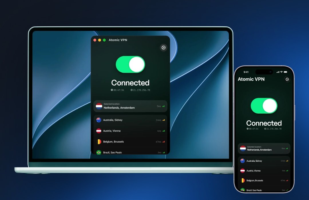 Atomic VPN on a laptop and a phone