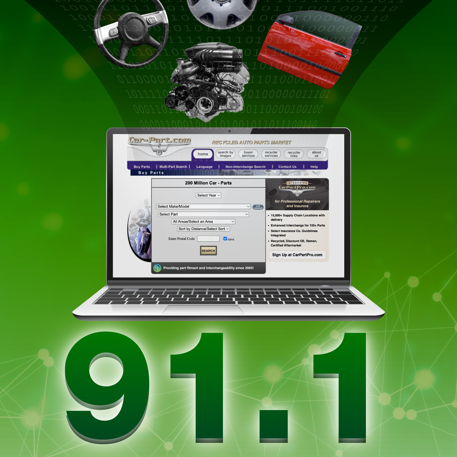 Laptop displaying the Car-Part.com website and "91.1" below it