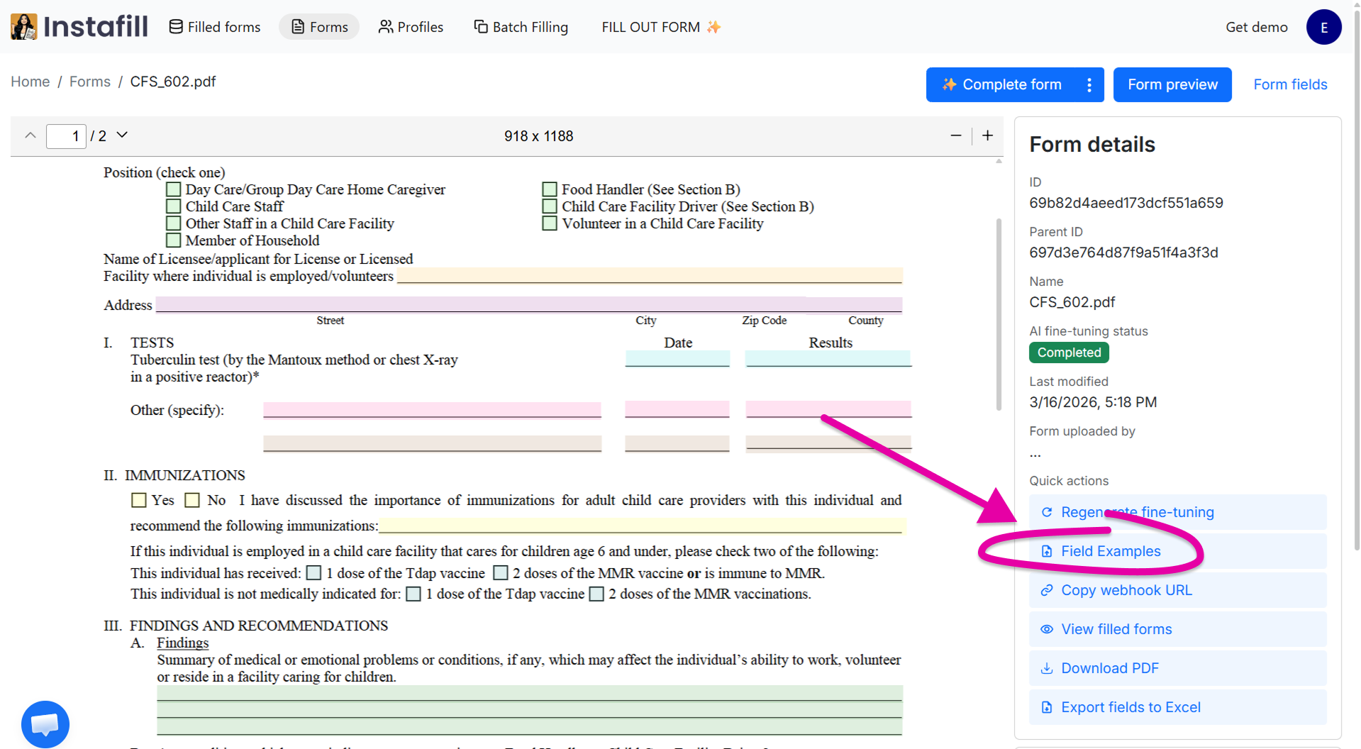 Field Examples button in the Quick actions panel on the form details page
