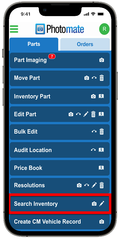 Photomate homescreen, with "Search Inventory" highlighted