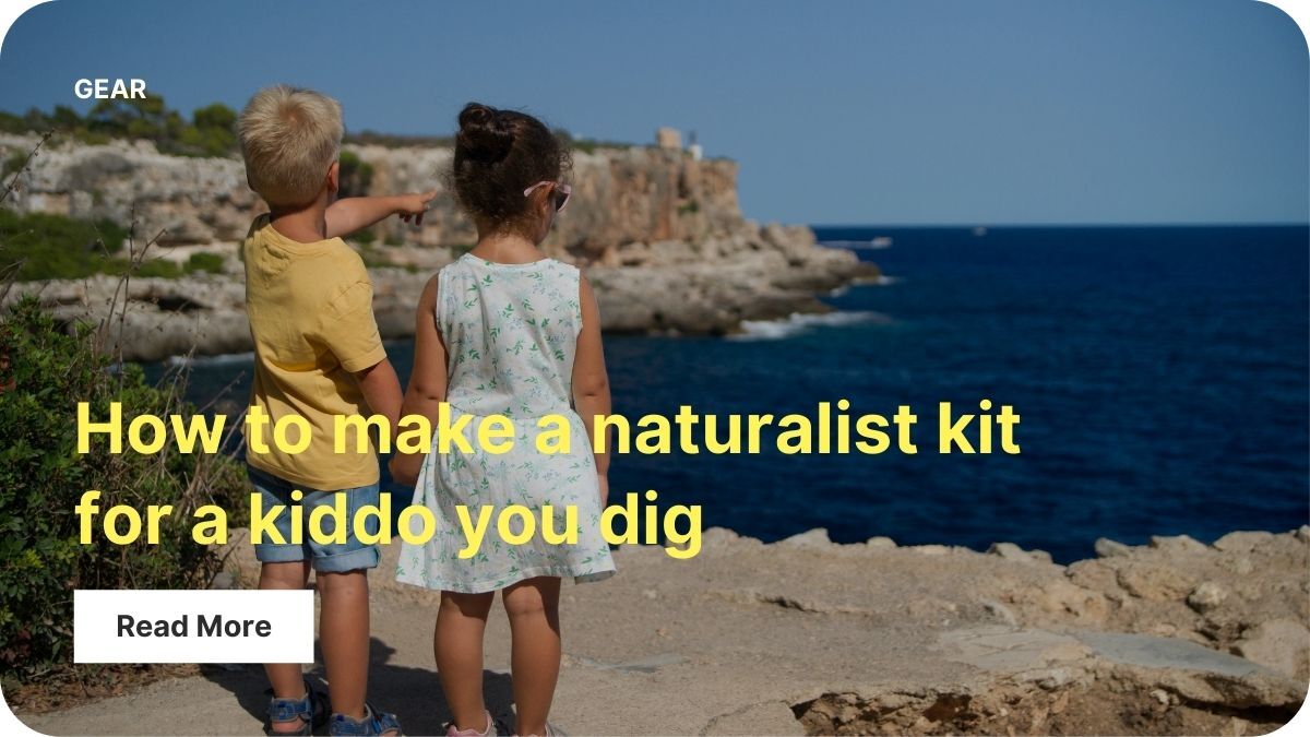 Two young kids looking out from a rocky cliff over an ocean. One is pointing at the water.