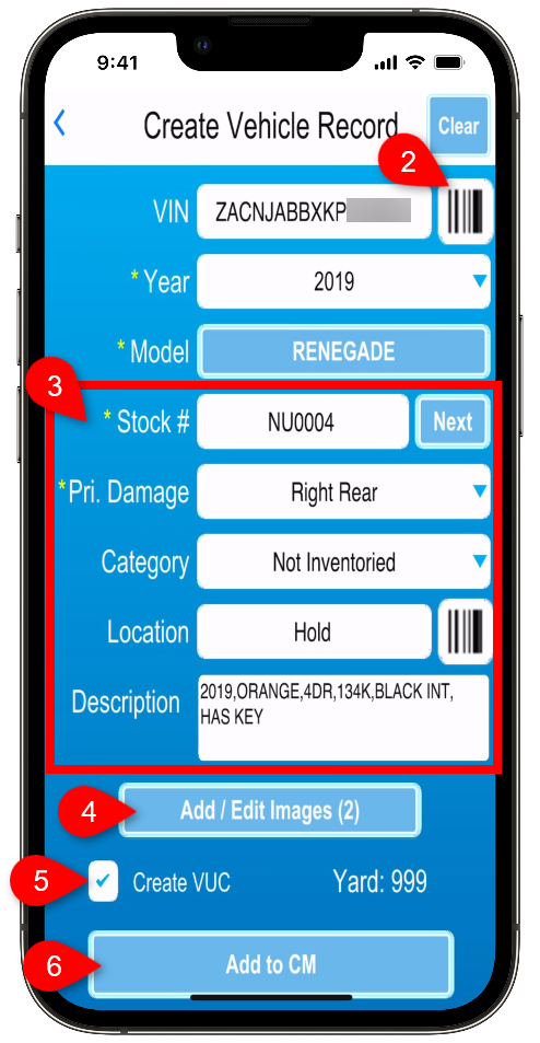 Adding a vehicle record in Photomate on the Create Vehicle Record screen