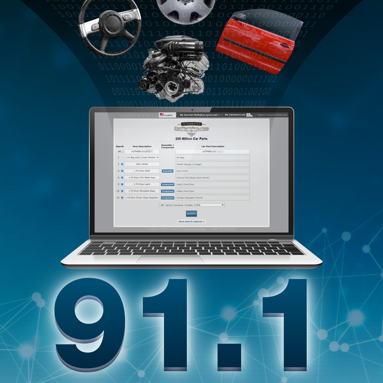 Laptop showing Integrated Car Part Pro, with "91.1" in large text below it