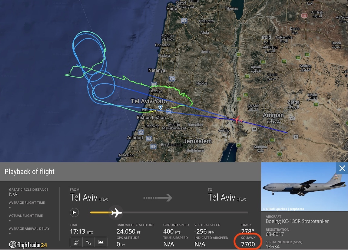Flight path of damaged KC-135 returning to Tel Aviv