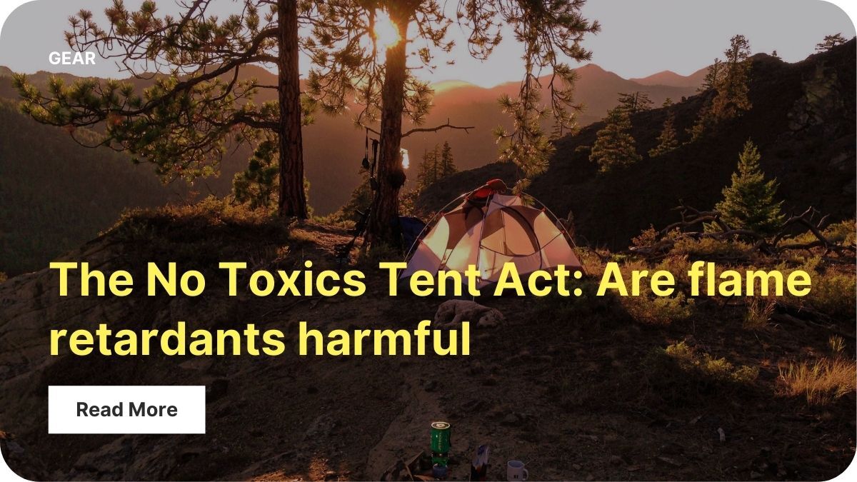 A tent is situated in the middle of an open area with trees on the sides. There are mountains in the background and the lighting is orange and bright.