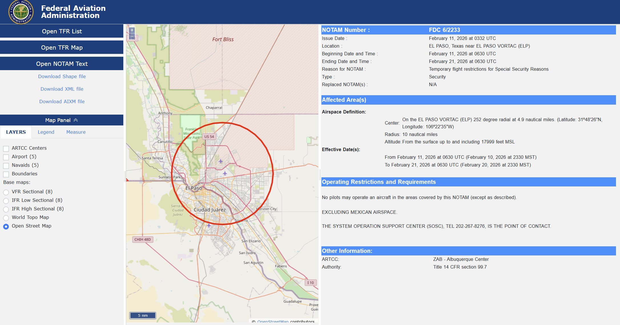 Graphical representation and text of the NOTAM closing El Paso