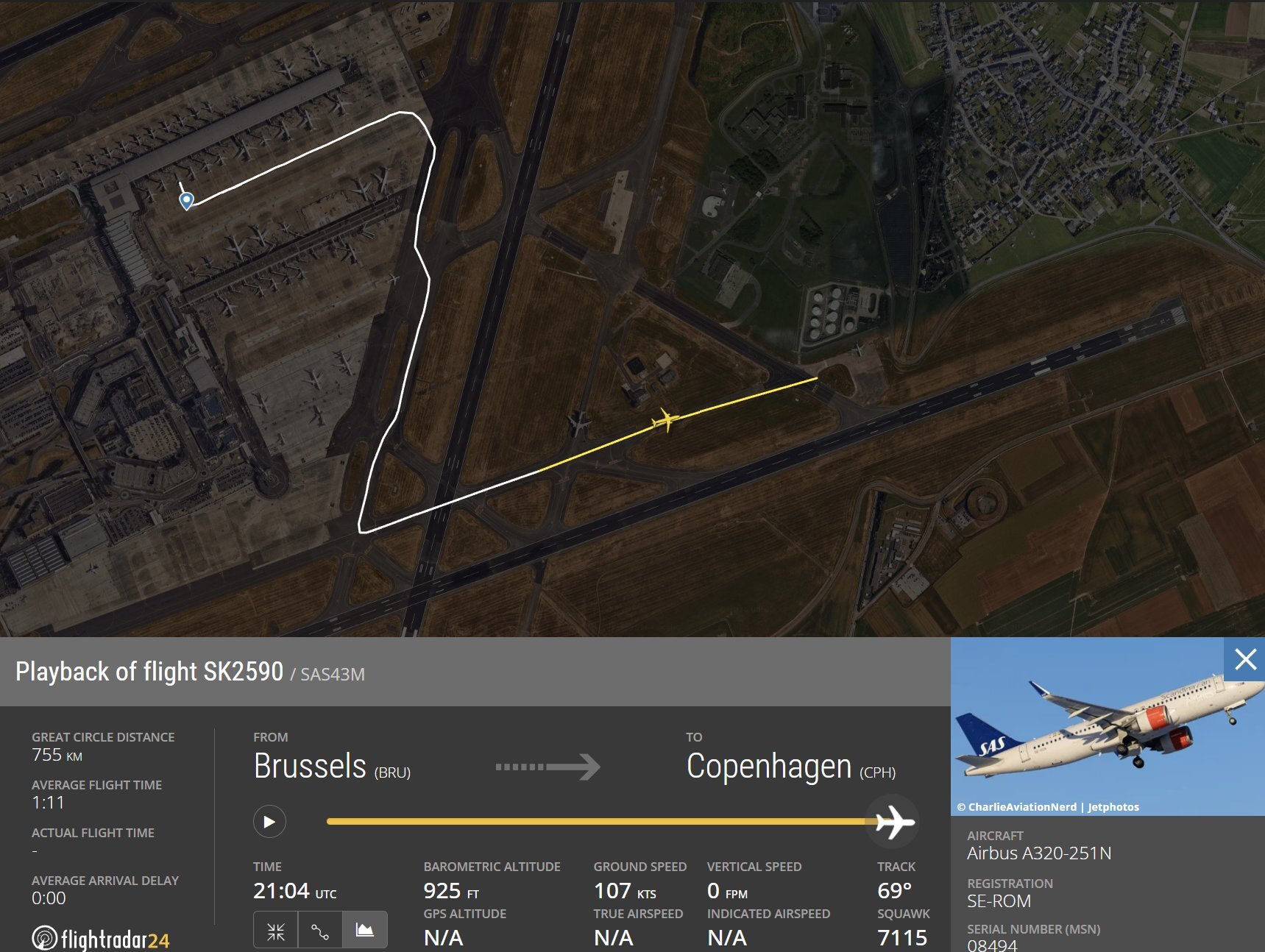 Taxi path of SAS A320 SE-ROM in Brussels