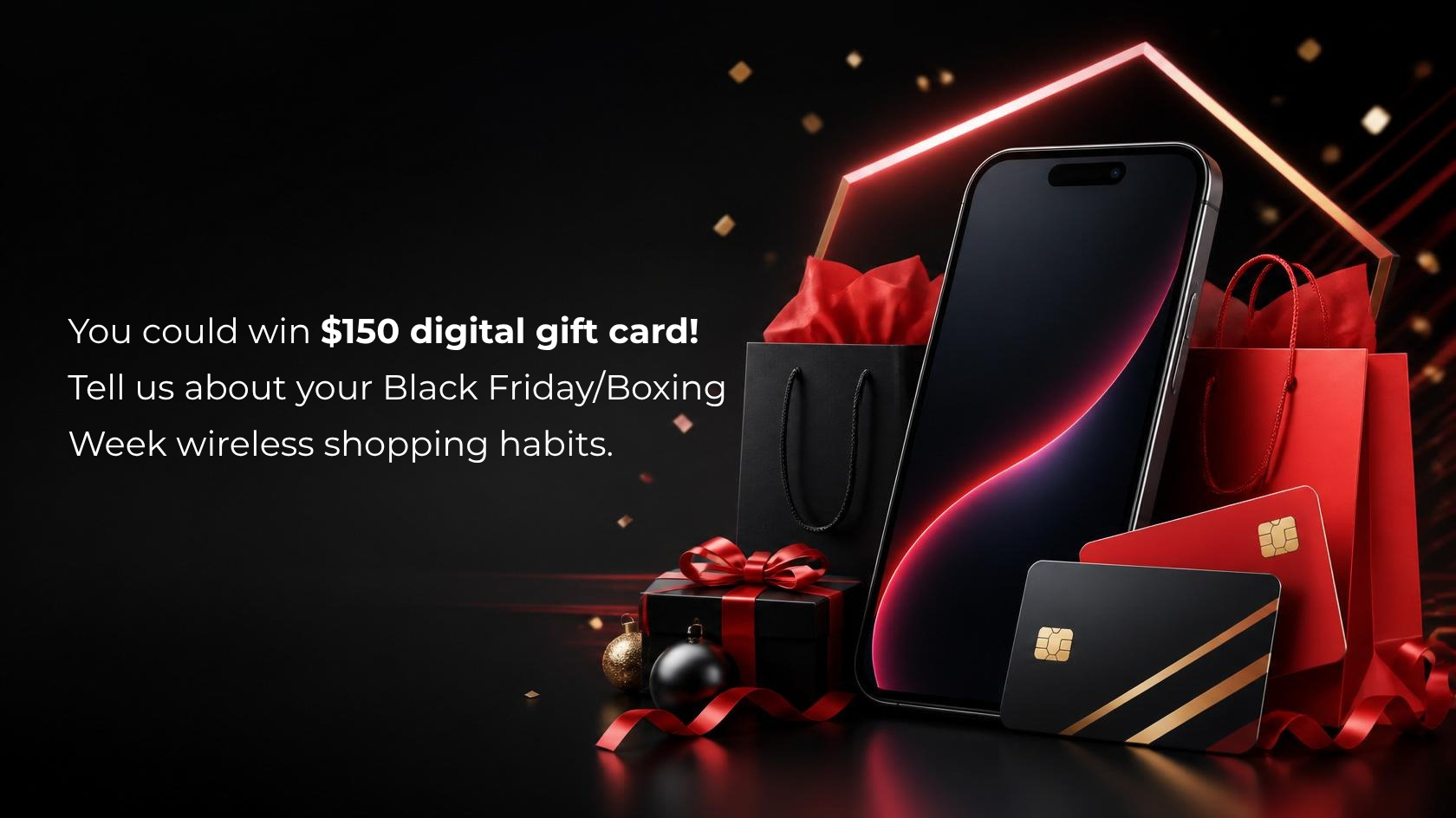 Black background with red and black gift boxes stacked on the right side. There is a black smartphone as well.  White type on there.