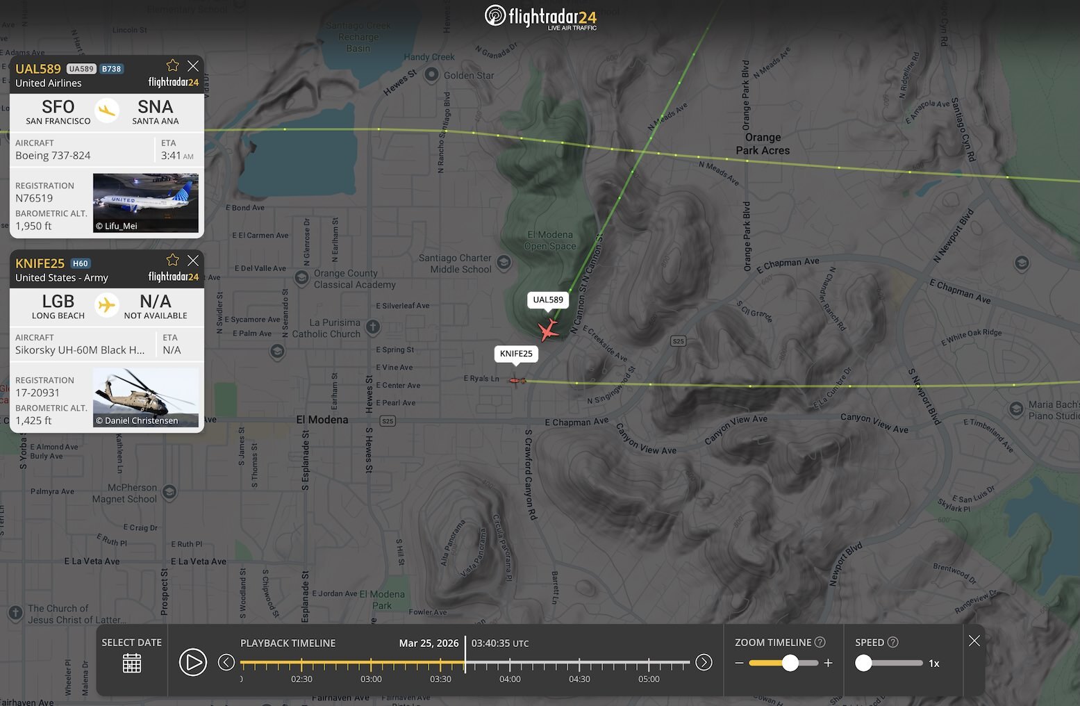 Flightradar24 map showing the proximity of KNIFE25 and UAL589 at their closest point.