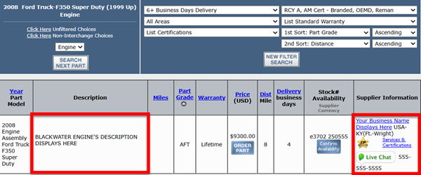 Car Part Pro screenshot, featuring a Blackwater Engines part for sale