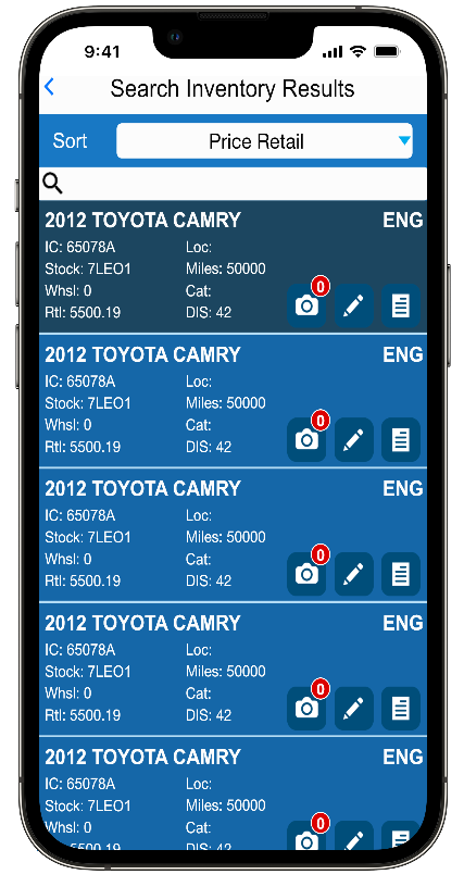 Search Inventory Results screen in Photomate