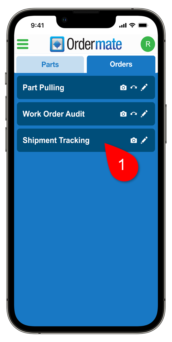 Ordermate's home screen showing Shipment Tracking option.
