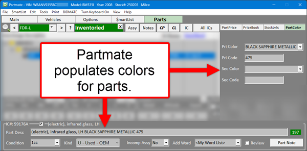 Part color fields and part description in Partmate