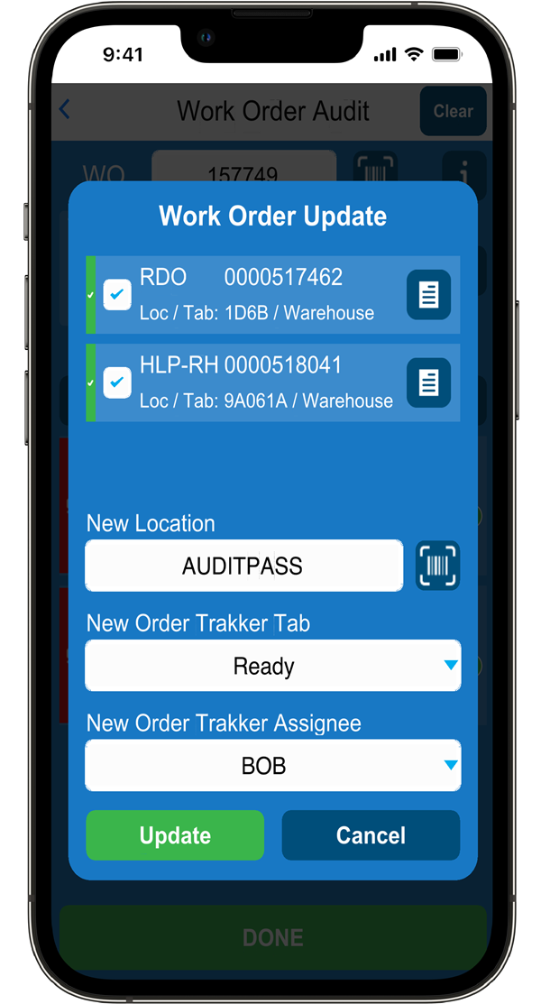 Work Order Update screen in Ordermate