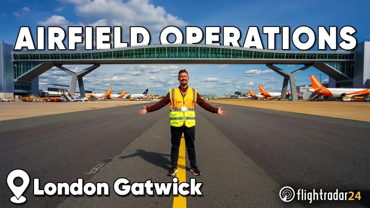 AIRFIELD OPERATIONS overlaid on a photo of Gabe standing on the taxiway at Gatwick