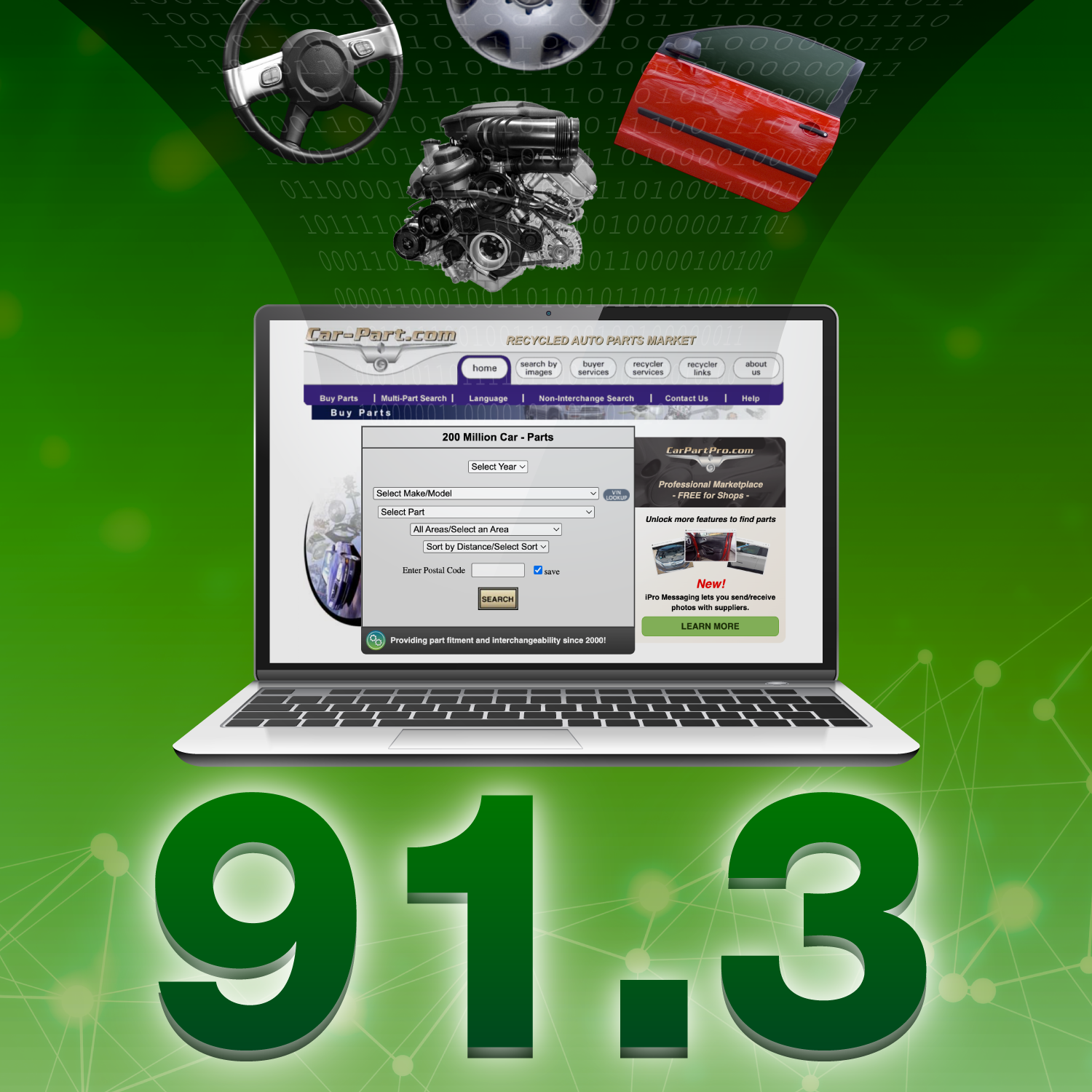 Laptop showing Integrated Car Part Pro, with "91.3" in large text below it