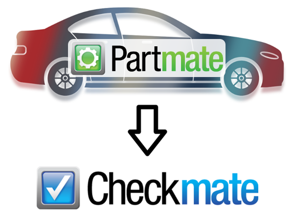 Partmate logo with an arrow pointing to the Checkmate logo