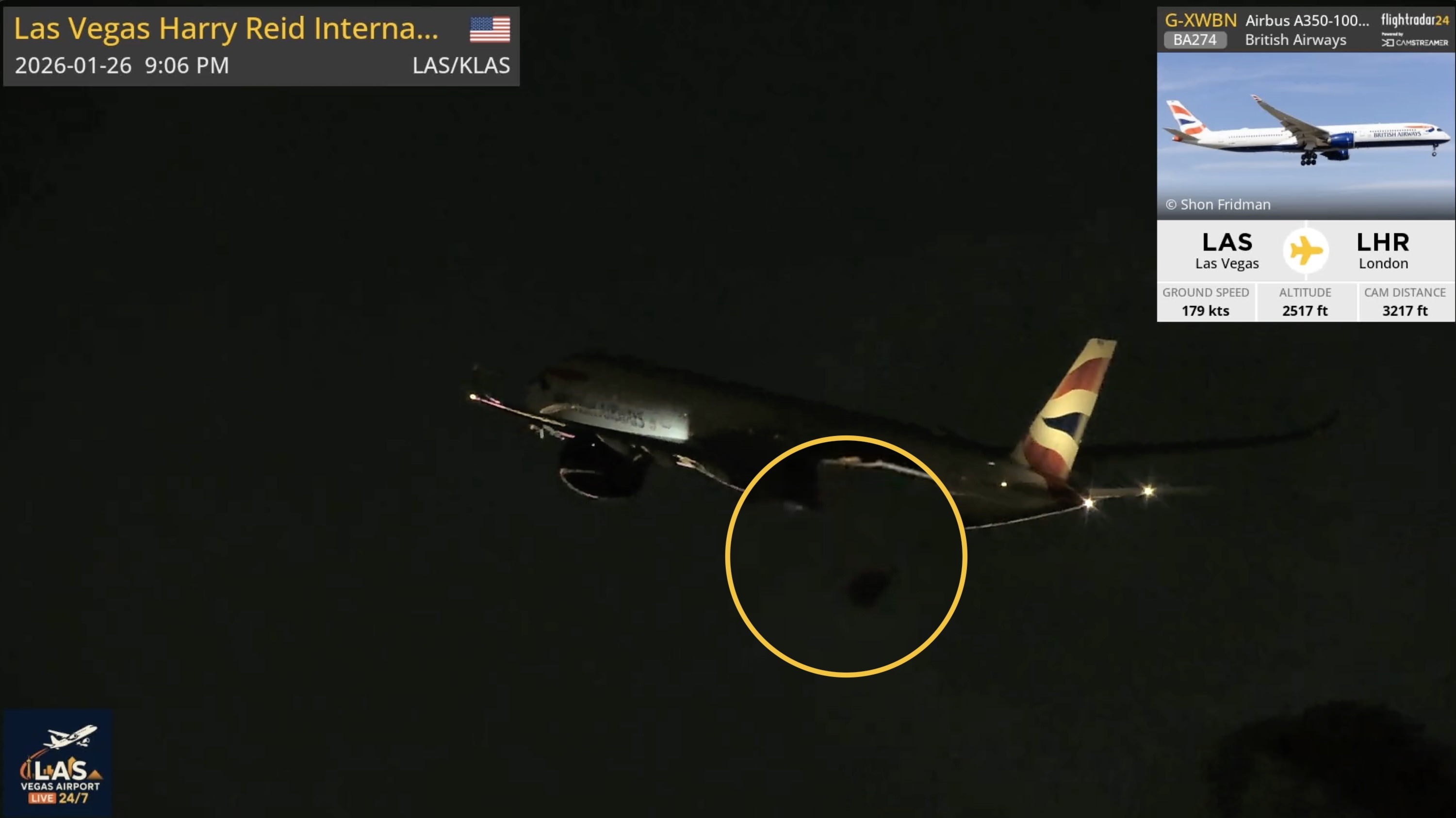 Video still showing BA wheel falling off