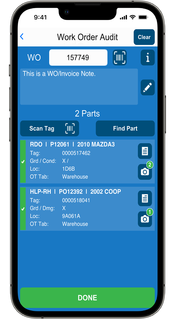 Work Order Audit screen in Ordermate