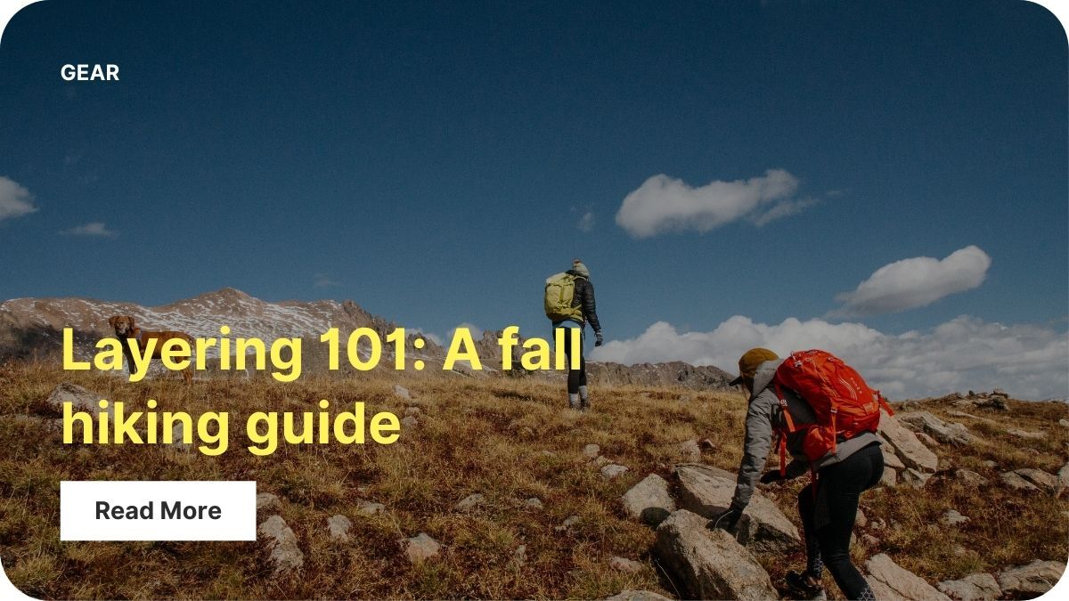 Two people are climbing a field dotted with rocks toward a snowy mountain. The sky is blue with puffy white clouds.