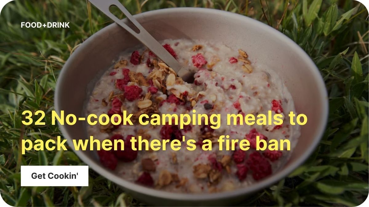 A metal bowl full of oatmeal with berries and a metal spoon rest on the grass. 