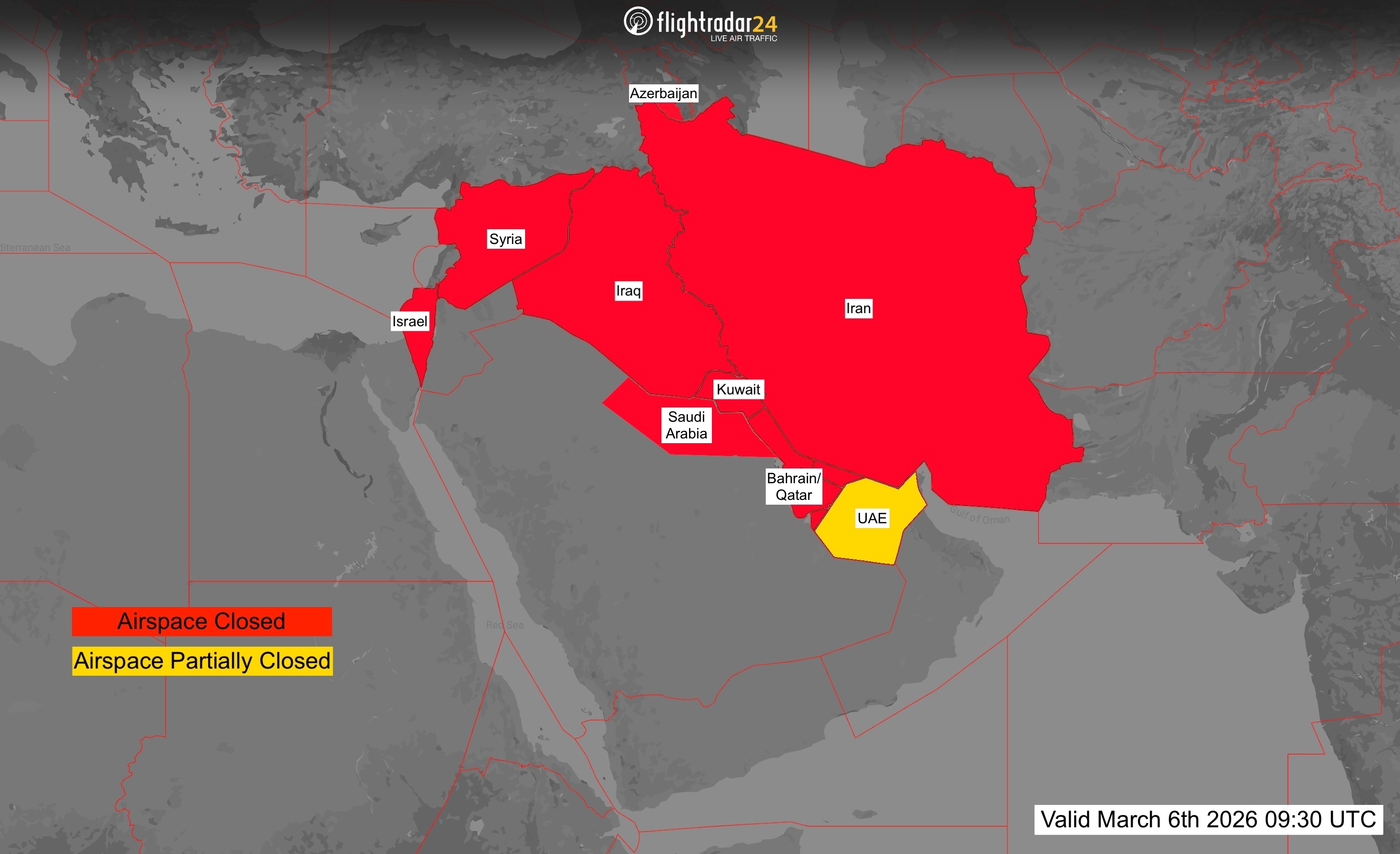 Map of restricted airspace in the Middle East