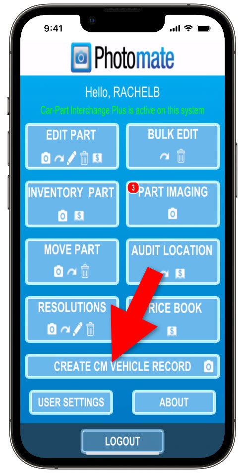New CREATE CM VEHICLE RECORD button on Photomate home screen.