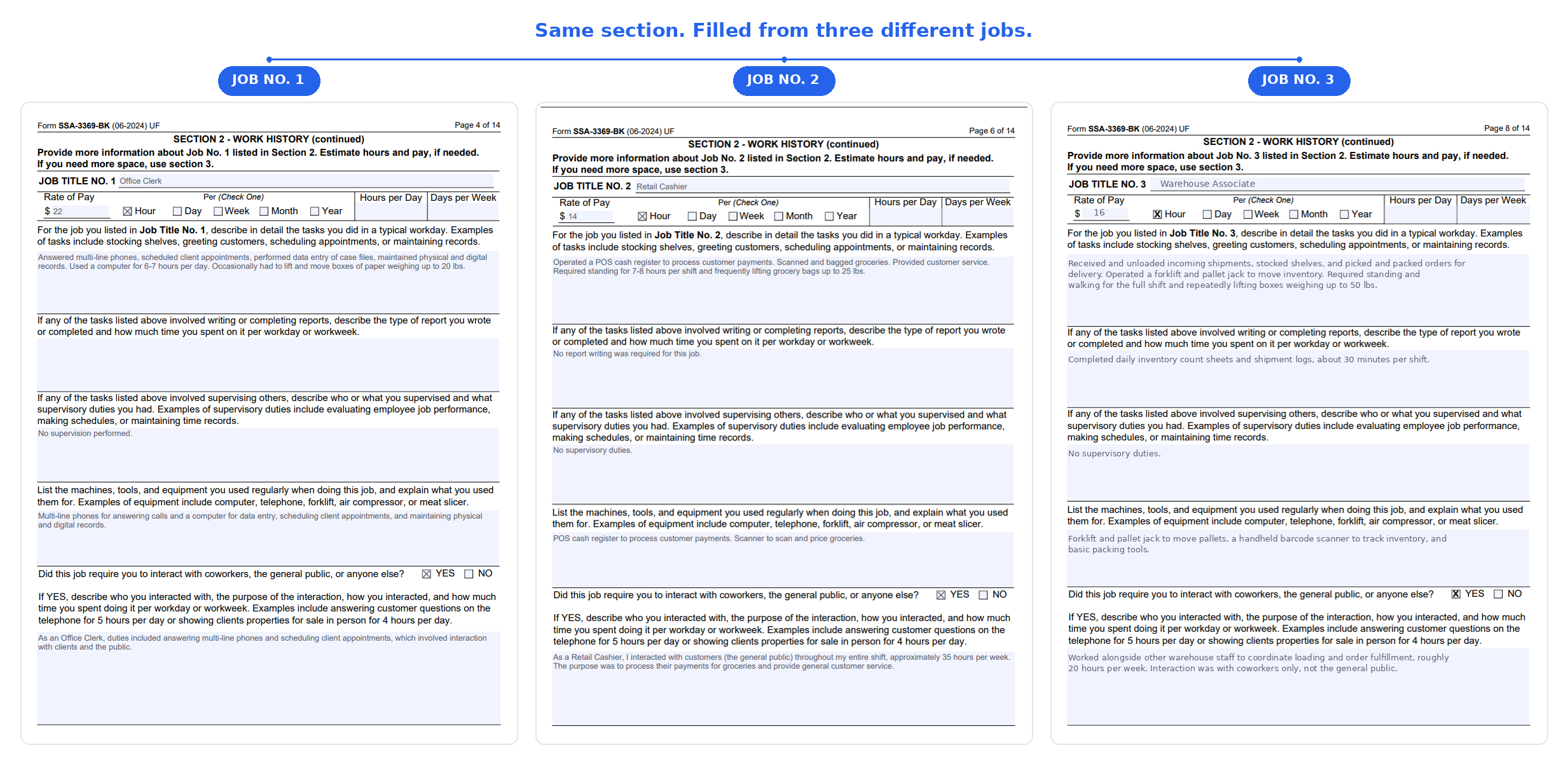 Three repeated Work History sections filled with different job records