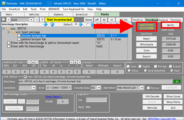 Screenshot with "Last Priced" date and Verify button in Partmate