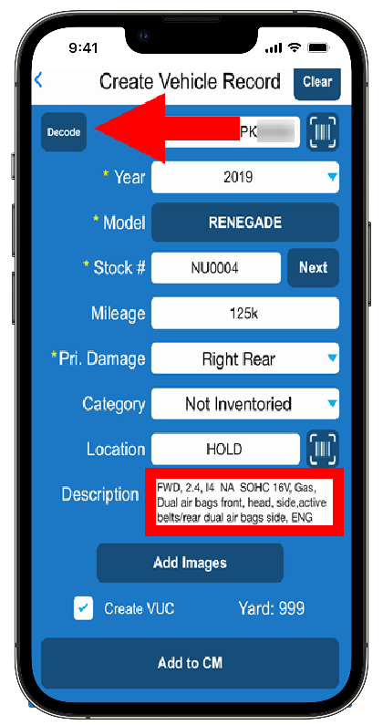 Create Vehicle Record screen in Photomate