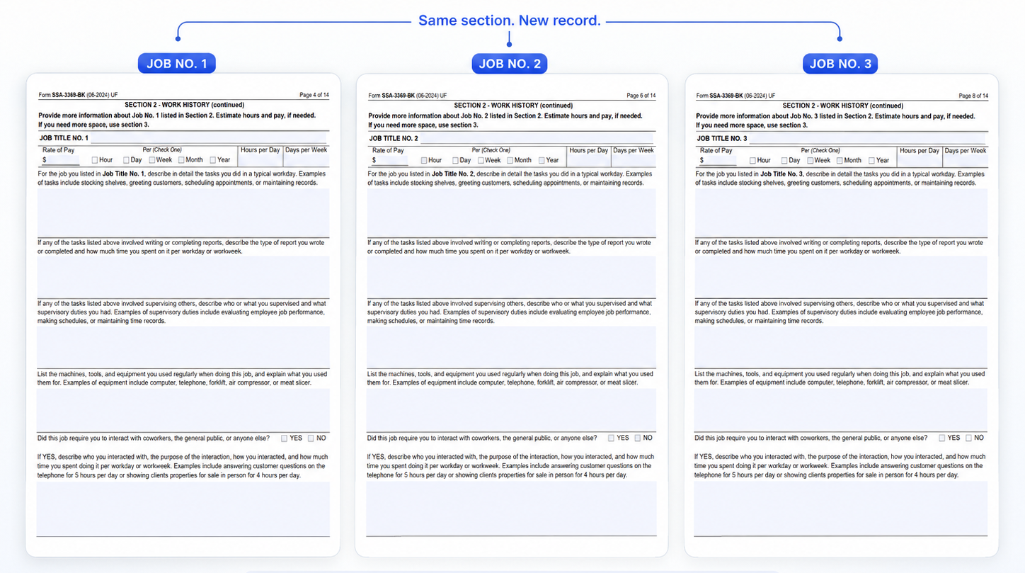 Three repeated blank Work History sections for Job No. 1, Job No. 2, and Job No. 3