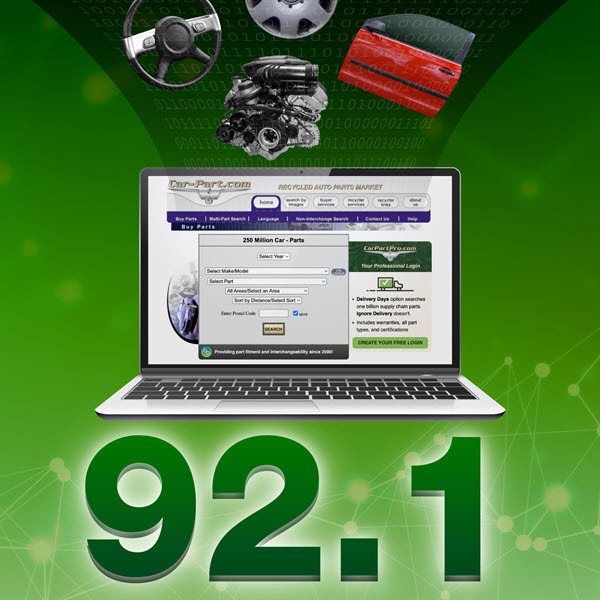Laptop displaying a Car-Part.com homepage and "92.1" below it