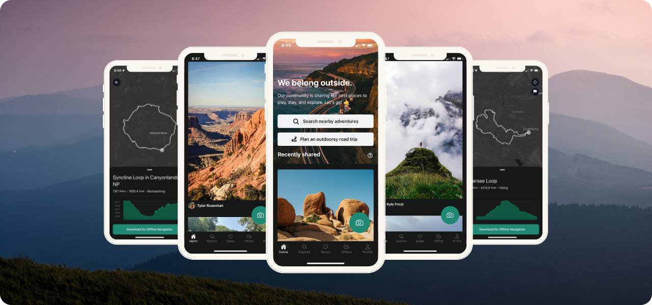 five phone screens are showing different views of the Outbound Collective app. These images are overlayed on a landscape shot of mountains in various shades of purple.